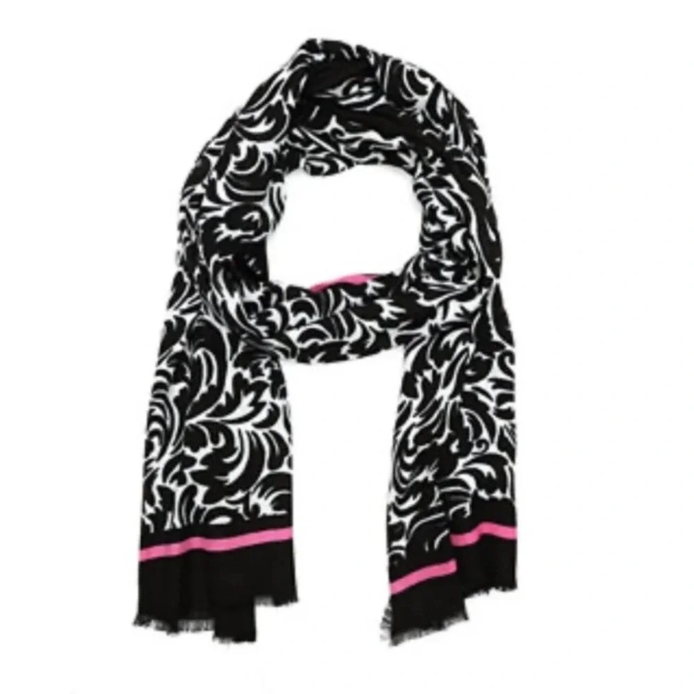 Kate Spade New York Flourish Swirl Oblong Scarf Bandana Black White Pink NWT $98